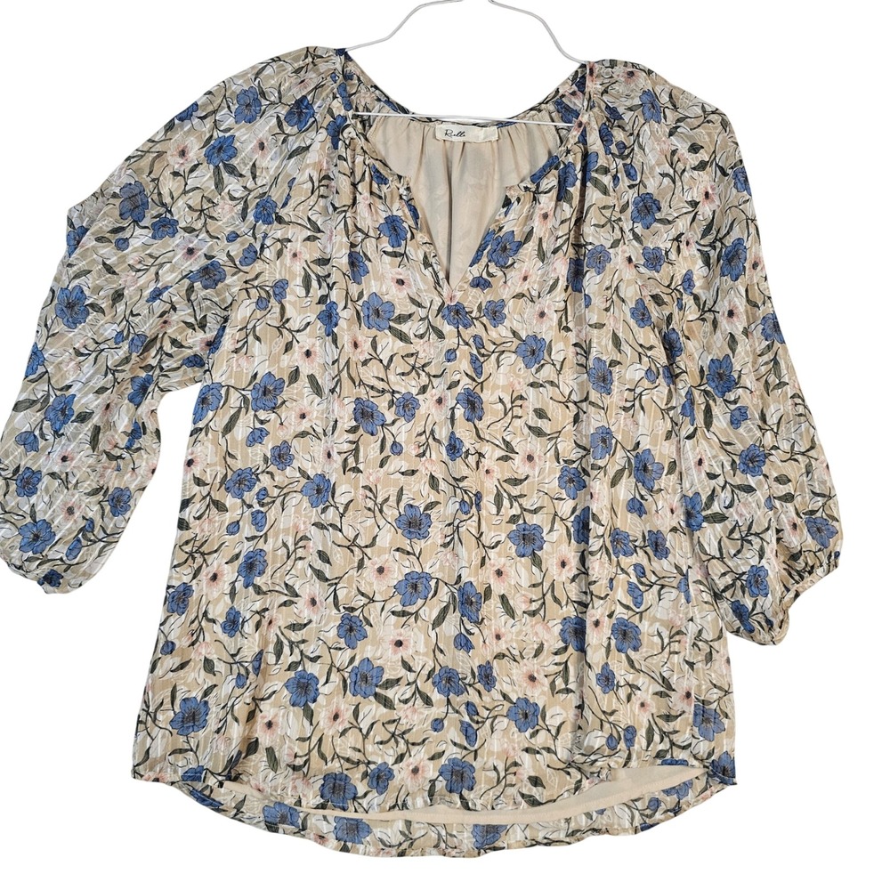 Rielle Floral Lurex Split V-Neck Balloon Sleeve Blouse Tan Blue Peach Small
